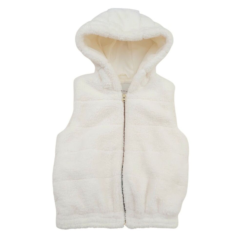 Janie and Jack Girls Size 5-6 Cream Sherpa Hooded Vest Soft Fleece Warm Winter